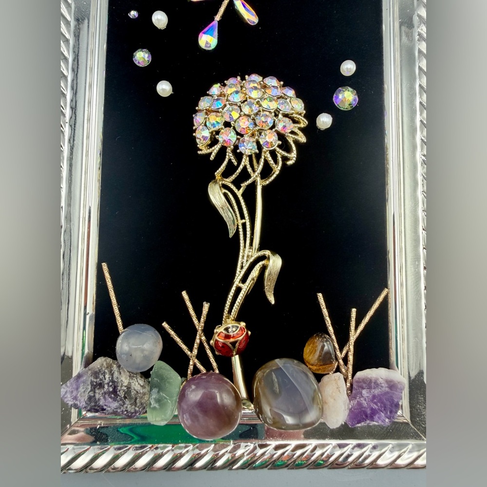 Handmade Vintage Dandelion Jewelry Art Rhinestone Flower Crystals Ladybug - Picture 5 of 7